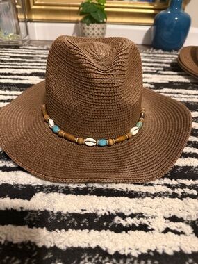 Women's Brown Straw Fedora with Beaded Shell Accent